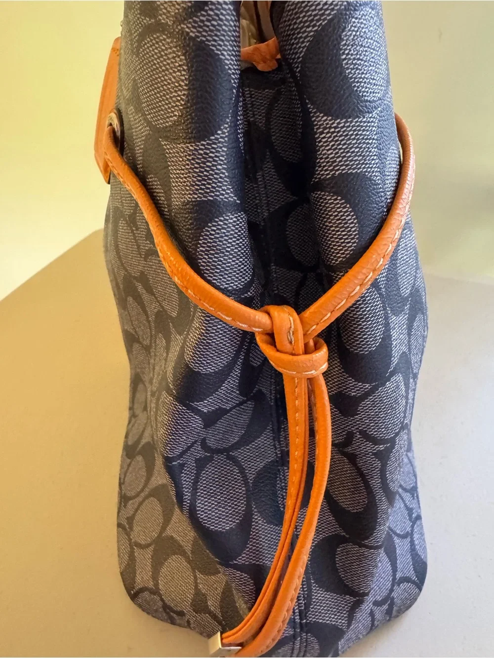 Coach Navy Signature Tote with Orange and Cream Center Stripe and Tan Handles